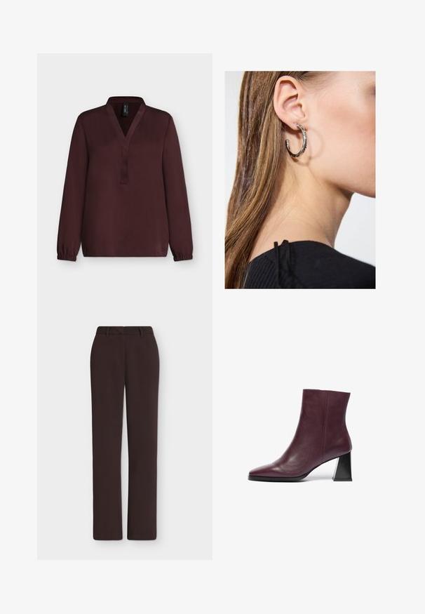Blouse à manches longues bordeaux foncé avec col en V, sans boutons et poignets élastiques sur fond gris clair.; Pantalon droit marron foncé avec passants de ceinture, braguette devant et poches latérales, présenté sur un fond blanc uni.; Bottine en cuir bordeaux à bout pointu et à talon géométrique noir épais ; texture lisse avec des détails de couture minimaux.; Boucle d'oreille en argent avec une finition polie, présentant de petits détails en or et de forme ronde, portée sur le lobe.