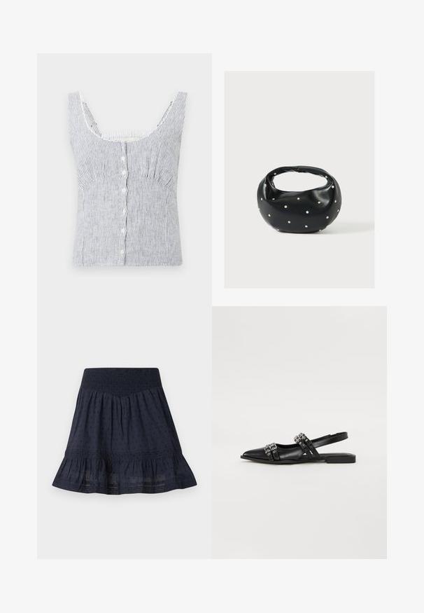 Witte en grijze verticaal gestreepte zonder mouwen button-up top met brede bandjes en een aansluitende buste, weergegeven op een effen achtergrond.; Marineblauwe knielange rok met elastische geplooide tailleband, subtiel gestippeld patroon en gerimpelde zoom.; Even&Odd by Zalando Slingback ballerina´s - black; Zwarte leren handtas met een afgeronde vorm, versierd met zilveren studs, en een korte handgreep. Gladde textuur en ritsluiting.