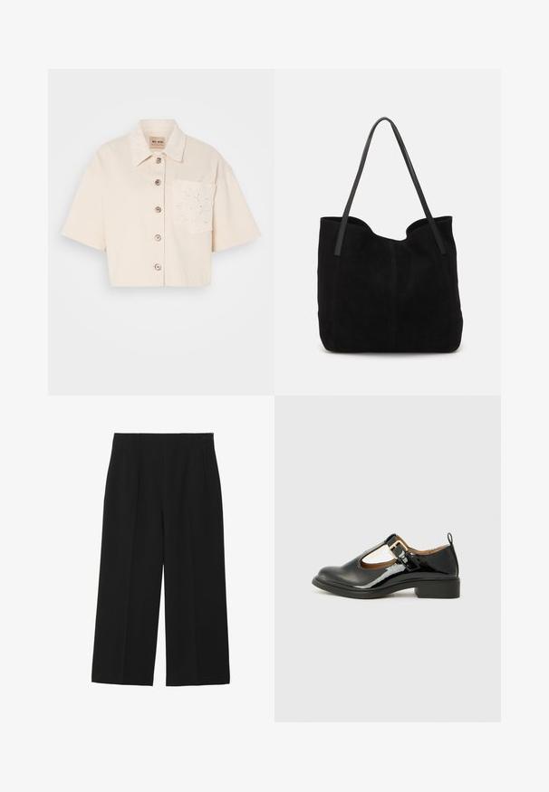 Chemise courte à manches courtes en coton beige clair avec un devant à boutons, un col pointu et un détail de poche brodé.; Pantalons larges noirs en tissu lisse, avec deux poches avant, un devant plat, et une fermeture éclair sur le côté.; Chaussure Mary Jane en cuir verni noir avec un bout arrondi, une sangle au niveau de la cheville, un détail de boucle dorée et un petit talon carré. Texture lisse.; Sac fourre-tout en suède noir avec deux longues anses en cuir plates. Présente un bord supérieur incurvé et des coutures visibles sur le devant. Pas d'accents en métal.