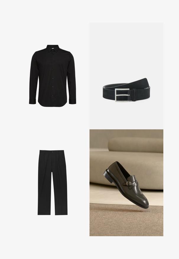 Schwarzes Langarmhemd aus glattem Stoff, mit spitzem Kragen, Knopfleiste vorne und kleinem Logo auf der Brust.; Schwarze Hose mit geradem Schnitt, aus einem glatten Stoff gefertigt. Verfügt über Vorderfalten und einen einzelnen Knopfverschluss an der Taille.; Schwarzer Lederloafer mit Schnallendetail, der über einem beigen Teppich schwebt, beiger Sofahintergrund, zeigt Schuhsohle und Naht.; Schwarzer Wildledergürtel mit einer silbernen Metallschnalle, flachem Design und kontrastierenden Nähten entlang der Kanten. Insgesamt glatte Textur.