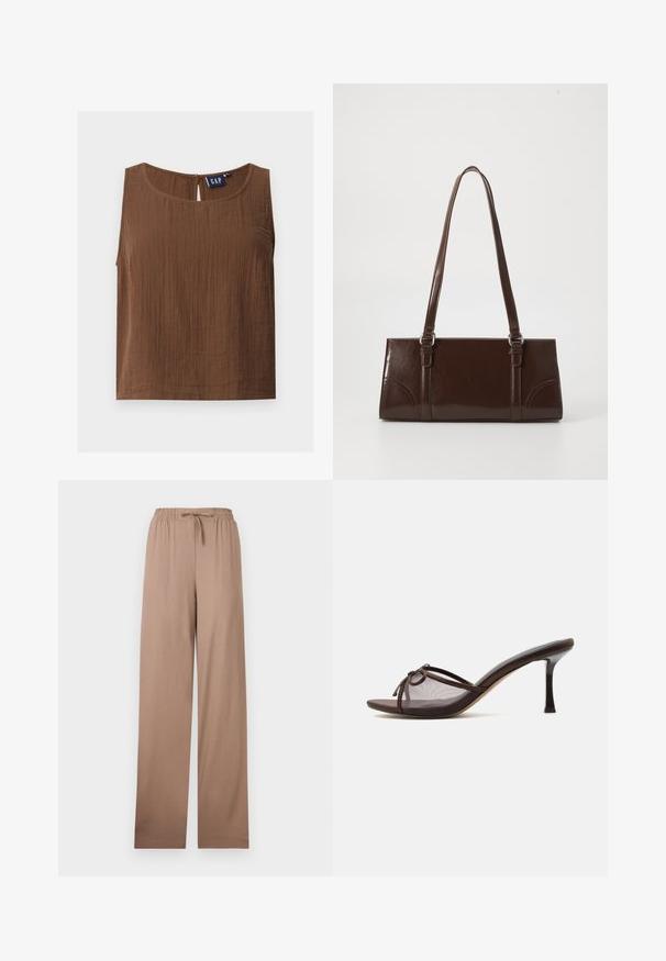 Haut marron sans manches en tissu texturé, col rond et petite fermeture par bouton dans le dos, étiquette de marque GAP à l'intérieur.; Pantalon beige à jambe large avec taille élastique et cordon de serrage, en tissu léger, présenté à plat sur fond blanc.; Mule ouverte marron avec talon aiguille de hauteur moyenne, tige en mesh transparent et petit détail de nœud sur le dessus.; Sac à main en cuir verni marron de forme rectangulaire, avec deux longues poignées et des accents courbés subtils à l'avant.