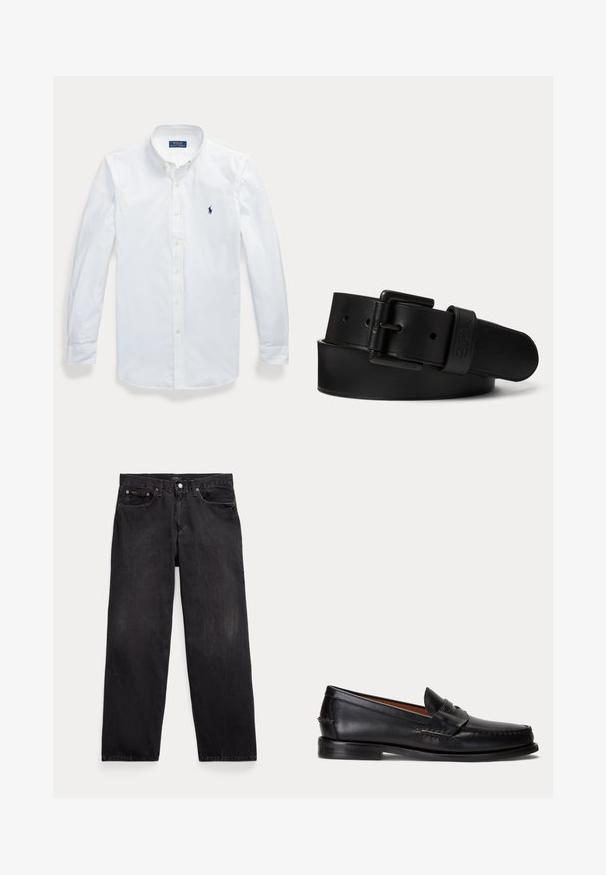 Wit overhemd met lange mouwen en knopen, met kraag, Polo Ralph Lauren-logo geborduurd op de linkerborst.; Zwarte rechte denim jeans met vijf zakken, knoopsluiting en zichtbare metalen klinknagels op de voorzakken.; Zwarte leren loafer met lage hak en penny-strap detail, van opzij getoond op een lichtgrijze achtergrond.; Zwarte leren riem met zwarte rechthoekige gesp en reliëflogo op de riemlus, opgerold op een effen lichte achtergrond.