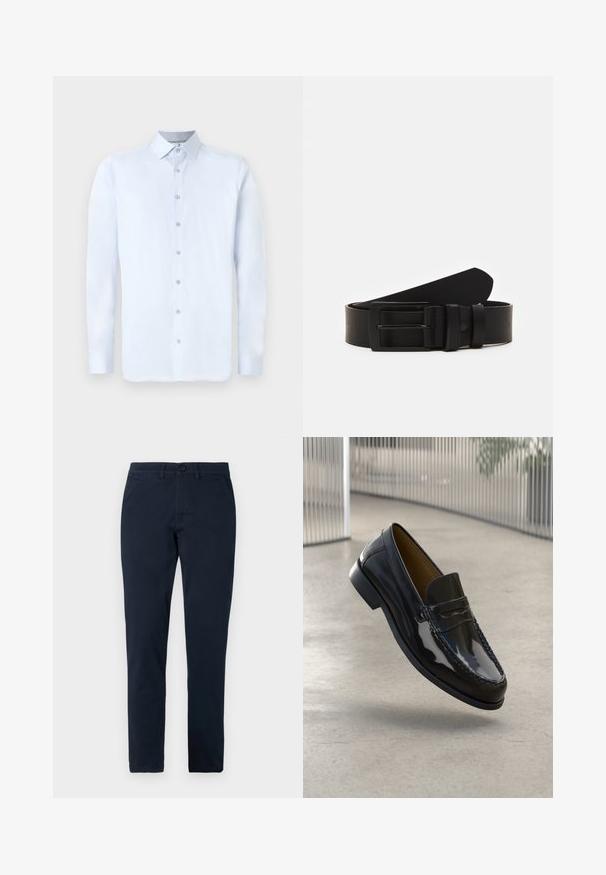 Chemise à manches longues bleu clair avec un col pointu, fermeture à boutons à l'avant et texture lisse. Présente des accents de boutons argentés sur le plastron.; Pantalon noir slim fit pour homme avec fermeture avant par bouton et zip, passants de ceinture et poches latérales.; Mocassin en cuir verni noir avec un accent cousu, bout rond, petit talon et surface lisse, présenté sur un fond neutre.; Ceinture en cuir noir roulée avec une boucle en métal rectangulaire noir mat et deux passants sur fond blanc.