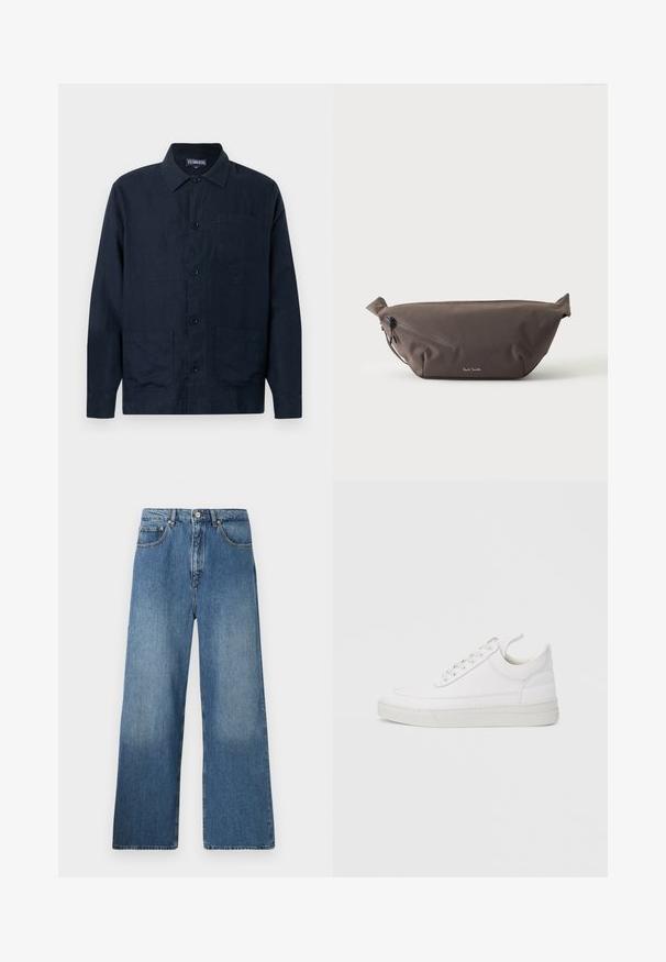 Herre mørkeblå linned skjortejakke med lange ærmer, krave, knaplukning og tre forlommer, herunder en brystlomme.; Bredde ben blå denim jeans med et klassisk fem-lomme design, frontlukning med knap og let falming for tekstur.; Hvid lædersneaker med rundet tå, flad sål og snørebånd foran. Har syningsdetaljer og polstret krave for komfort.; Mørkebrun stof talje taske med diagonalt lynlåslomme og lille hvidt logo på fronten, sat mod en ensfarvet lys baggrund.
