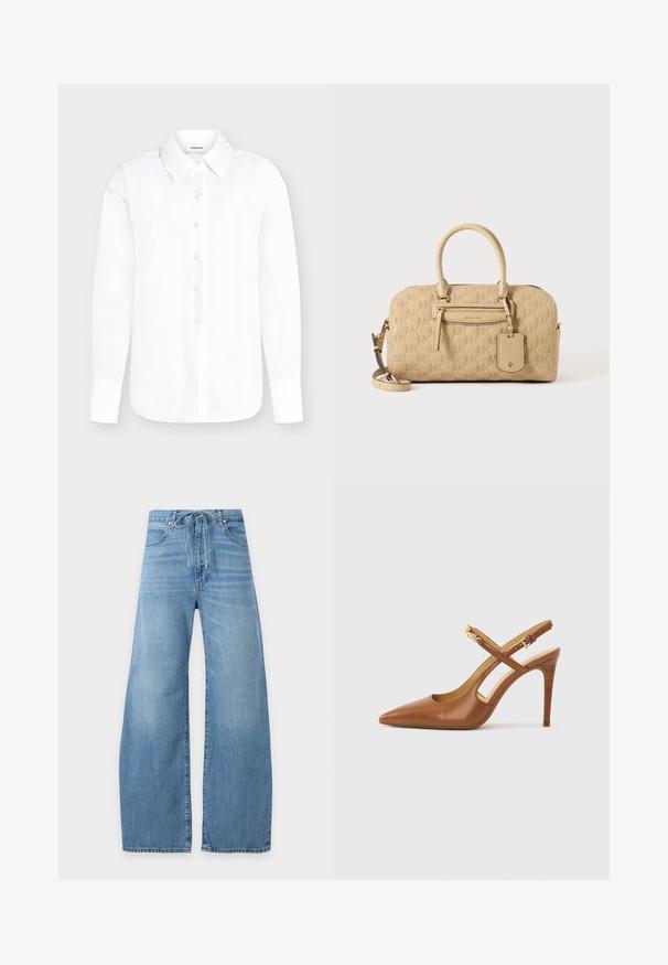 Chemise blanche à manches longues avec col pointu et poignets boutonnés sur fond gris clair.; Jean en denim bleu clair à coupe large avec une taille à cordon et des poches avant sur fond blanc uni.; Escarpin à talon haut en cuir marron avec bride arrière, bout pointu, doté de brides croisées et d'un talon en bois texturé. Accent doré sur la bride.; Sac à main beige Michael Kors avec motif MK embossé, doubles poignées, poche avant zippée et bandoulière amovible sur fond blanc.