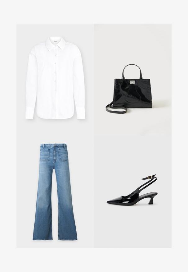 Chemise blanche à manches longues avec col pointu et poignets boutonnés sur fond gris clair.; Jean en denim bleu clair taille haute avec jambes larges évasées, poches plaquées à l’avant, fermeture par boutons et passants de ceinture.; Escarpins à brides arrière en cuir verni noir, à bout pointu, avec un petit talon carré et une sangle de cheville ajustable dotée d'une boucle dorée.; Sac à main en cuir verni noir avec poignées arrondies, bandoulière détachable et fermeture à boucle argentée sur fond blanc uni.