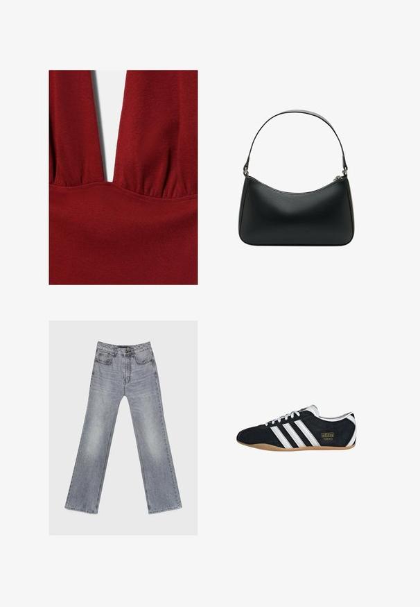 Tissu tricot rouge profond avec un détail de couture froncée formant un décolleté en V sur un vêtement.; Jean droit gris clair délavé avec poches avant et arrière, fermeture par boutons et passants de ceinture, posé à plat sur fond blanc.; Sneakers en suede noir avec trois bandes blanches, logo doré et semelle en caoutchouc marron. Présente un design à lacets à profil bas.; Sac à bandoulière en cuir noir avec une forme arrondie, une seule sangle plate et une fermeture éclair supérieure. Texture lisse avec des détails matériels minimalistes.