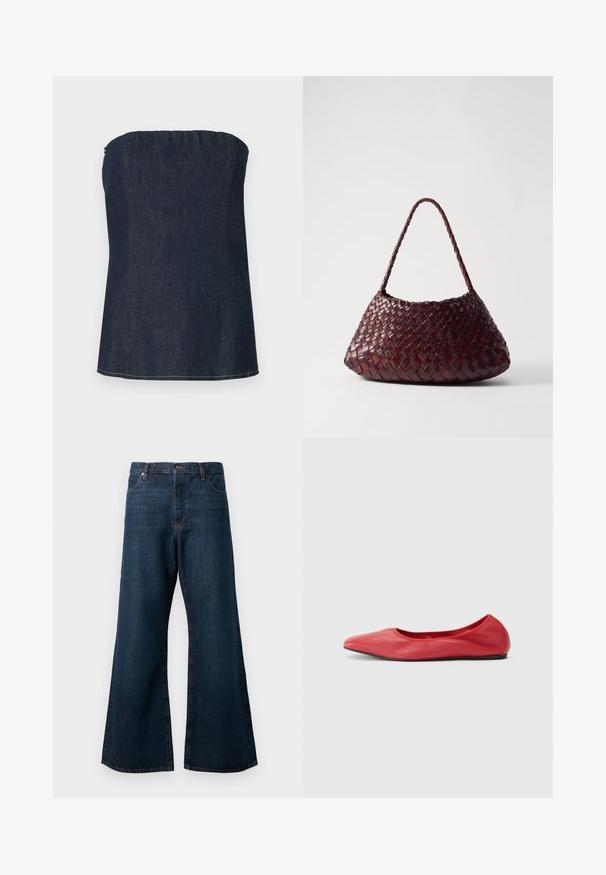 Haut tube en denim bleu foncé, avec un décolleté froncé et un ourlet net. Texture lisse et détail de couture minimal.; Jean large en denim bleu foncé, avec une taille haute, un design à cinq poches et des coutures orange contrastantes le long des coutures.; Filippa K REY FLATS - Ballerines - bright red; DRAGON DIFFUSION ROSANNA - Sac à main - bruciato