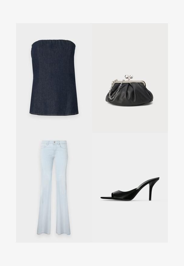 Haut tube en denim bleu foncé, avec un décolleté froncé et un ourlet net. Texture lisse et détail de couture minimal.; Jean évasé bleu clair en denim. Comprend une fermeture à bouton, cinq poches et des coutures discrètes. Texture lisse et jambes larges.; Mule à talon haut en cuir noir à bout ouvert avec un talon stiletto fin, vue de profil sur un fond uni.; Porte-monnaie en cuir noir avec texture froncée, cadre en métal argenté, fermeture à verrouillage kiss-lock et bandoulière en chaîne. Surface lisse et douce.