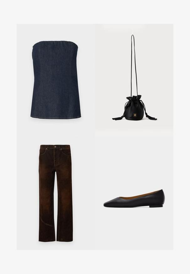 Haut tube en denim bleu foncé, avec un décolleté froncé et un ourlet net. Texture lisse et détail de couture minimal.; Jean marron à jambes larges en tissu doux et texturé. Les caractéristiques comprennent une fermeture à bouton, des passants de ceinture et des poches avant avec des coutures contrastantes.; Chaussure plate en cuir noir à bout pointu avec talon bas et finition lisse, vue de côté sur un fond gris clair.; Sac seau noir à cordon avec une longue sangle fine et un petit logo carré doré sur le devant, présenté sur un fond uni.