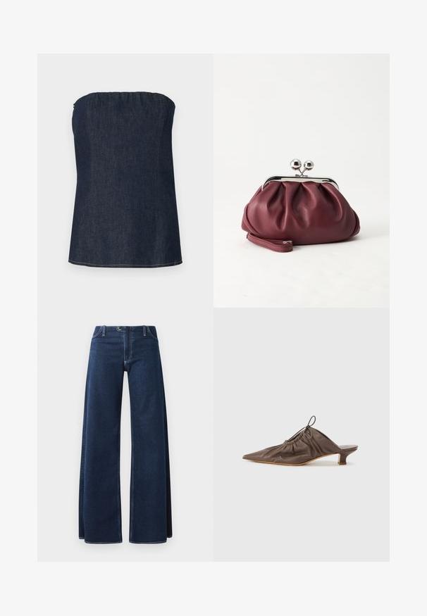 Haut tube en denim bleu foncé, avec un décolleté froncé et un ourlet net. Texture lisse et détail de couture minimal.; Jeans en denim large de couleur bleu foncé avec des coutures visibles, des poches avant et une fermeture à bouton. Fabriqué en tissu denim résistant.; Mule en cuir marron avec un bout pointu, texture froncée, petit talon et un accent de cordon de serrage à l'ouverture. Fini lisse.; Petit sac pochette en cuir bordeaux avec fermoir métallique argenté et bracelet sur fond blanc.
