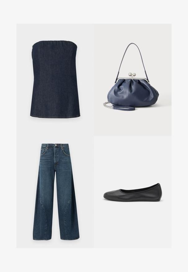 Haut tube en denim bleu foncé, avec un décolleté froncé et un ourlet net. Texture lisse et détail de couture minimal.; Jean denim bleu foncé à jambes larges avec poches avant, passants pour ceinture et fermeture à bouton à la taille, présenté sur un fond uni.; Ballerines en cuir noir avec un bout rond, texture lisse, détails de couture minimalistes et design de semelle flexible.; Sac à main en cuir bleu marine doux avec fermeture à boucle argentée, une seule bandoulière, et une chaîne de poignet amovible sur fond blanc.