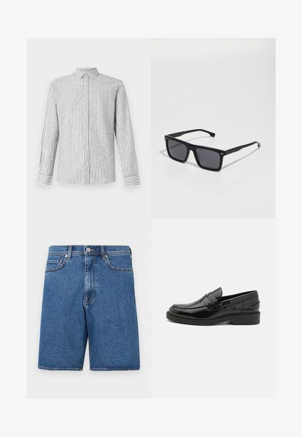 Chemise à manches longues à boutons de couleur gris clair avec des rayures verticales blanches. Dotée d'un col classique et de poignets avec un motif rayé.; Shorts en denim d'une teinte bleu moyen, avec un design classique à cinq poches, des accents cousus et une silhouette à coupe droite.; Mocassins en cuir noir avec une finition lisse, un bout rond, un petit talon et descoutures décoratives à l'avant. Semelle en caoutchouc pour l'adhérence.; Lunettes de soleil carrées noires avec des verres foncés. Fabriquées en plastique, avec des côtés texturés et un design minimaliste. Détails près des charnières.