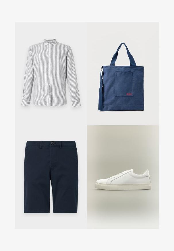 Chemise à manches longues à boutons de couleur gris clair avec des rayures verticales blanches. Dotée d'un col classique et de poignets avec un motif rayé.; Shorts bleu marine en tissu mélangé coton, dotés d'une fermeture à bouton, de passants de ceinture et d'un ourlet droit avec un minimum de détails.; Baskets blanches basses à lacets sur l’avant et semelle épaisse, vues de côté sur un fond neutre.; Sac fourre-tout en toile bleue avec poche frontale et broderie rouge "O.N.S", doté de doubles poignées et d'une bandoulière réglable.
