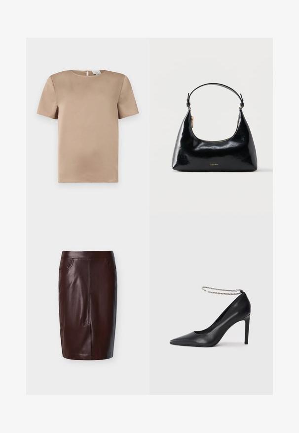 Blouse en satin beige à manches courtes avec un col rond et une petite fente fermée par un bouton dans le dos.; Jupe crayon en cuir marron à texture lisse, avec deux poches latérales et des détails de couture à l'avant, conçue pour une coupe ajustée.; Escarpin noir en cuir avec un bout pointu, doté d'une fine bride de cheville en chaîne argentée et d'une texture lisse et élégante.; Sac à main Calvin Klein noir brillant avec fermeture éclair dorée et anse courte sur fond blanc uni.