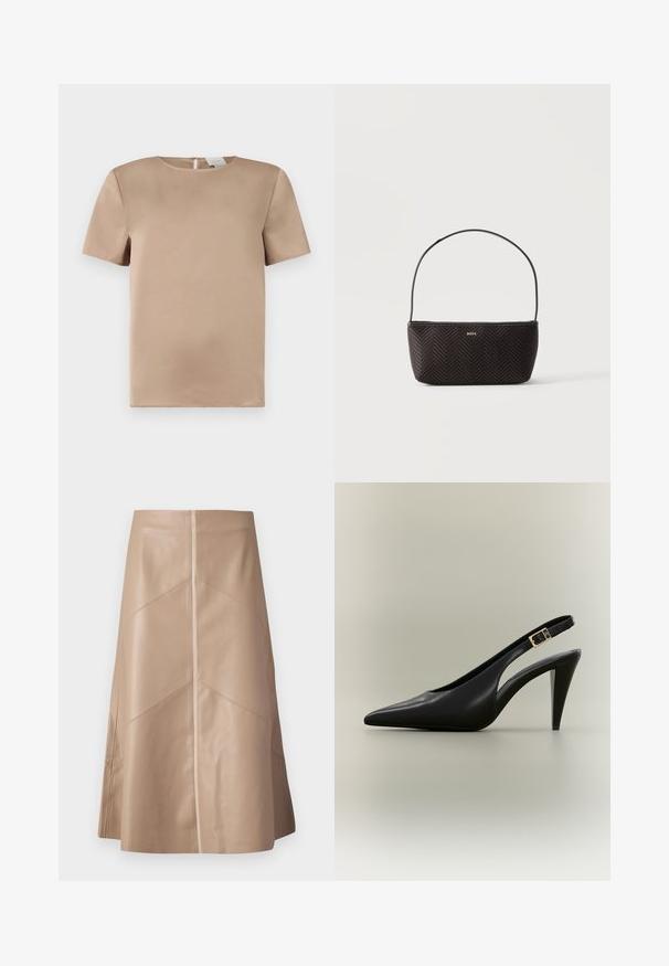 Blouse en satin beige à manches courtes avec un col rond et une petite fente fermée par un bouton dans le dos.; Jupe A-line en simili cuir beige avec des détails de panneaux subtils et une finition mate lisse, longueur genou et taille haute.; Escarpin à bride arrière en cuir noir avec bout pointu, boucle dorée et talon effilé sur un fond neutre.; Sac à main noir tissé texturé avec une seule bandoulière et un petit logo doré "BOSS" au centre devant.
