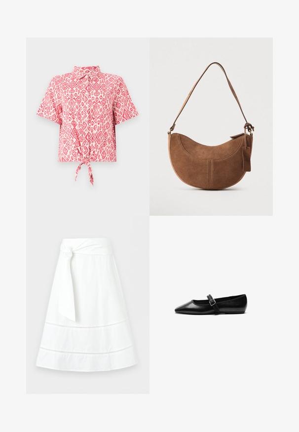 Chemise à manches courtes, boutonnée, arborant un motif en losanges rose et blanc, avec un détail de nœud noué à la taille. Texture de tissu léger.; Jupe blanche ligne A avec une large ceinture nouée sur le côté et des inserts horizontaux en dentelle décoratifs près de l’ourlet.; Chaussure noire plate en cuir avec un bout pointu, bride réglable avec une boucle en métal, texture lisse et design minimaliste.; Sac à main en daim marron de forme courbée en demi-lune. Il est doté d'une bandoulière, d'une petite étiquette et de coutures visibles le long des bords.