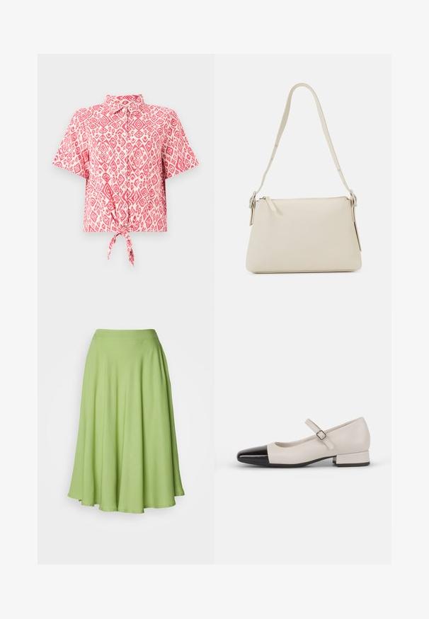 Chemise à manches courtes, boutonnée, arborant un motif en losanges rose et blanc, avec un détail de nœud noué à la taille. Texture de tissu léger.; Jupe midi en forme A en tissu vert vif. Texture lisse avec une taille large et une silhouette fluide.; Chaussure de style Mary Jane en cuir crème avec un bout en vernis noir. Présente un bout rond, une sangle de cheville avec une boucle carrée et un petit talon carré.; Sac à épaule beige en cuir lisse avec une fermeture éclair. Présente un design simple, une bandoulière fine et des accents en métal.