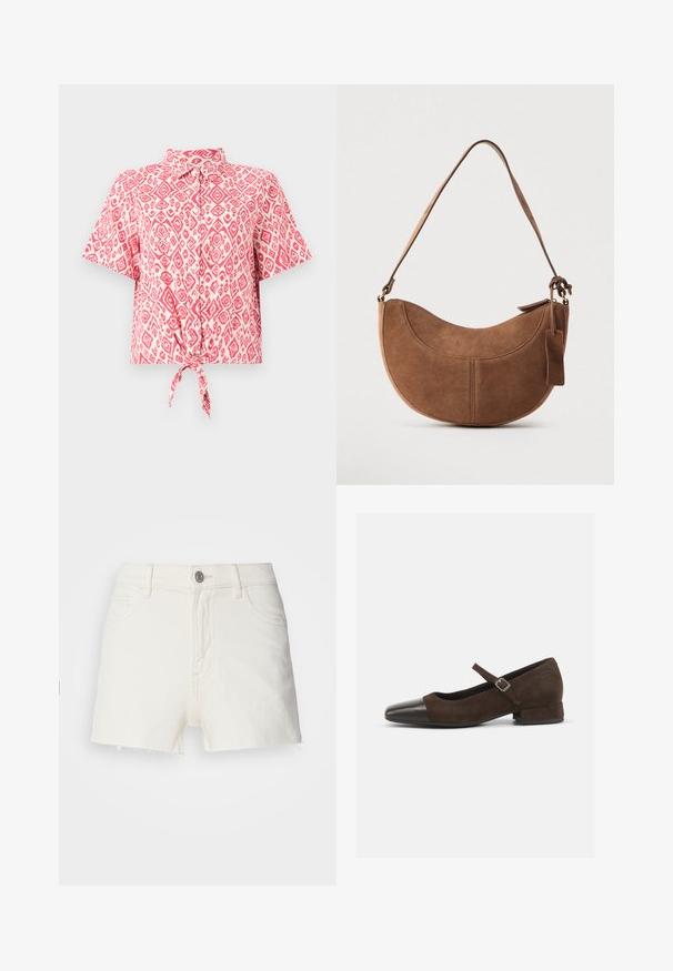 Chemise à manches courtes, boutonnée, arborant un motif en losanges rose et blanc, avec un détail de nœud noué à la taille. Texture de tissu léger.; Shorts en denim blanc avec un ourlet effiloché, dotés d'une fermeture à bouton à l'avant, de passants de ceinture et d'un design à cinq poches. Texture lisse.; Chaussure Mary Jane en daim marron avec un embout en cuir verni noir, bride ajustable et un petit talon carré. Texture lisse avec de minimalistes accents.; Sac à main en daim marron de forme courbée en demi-lune. Il est doté d'une bandoulière, d'une petite étiquette et de coutures visibles le long des bords.