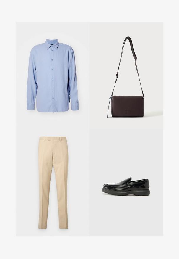 Chemise bleu clair à boutons, fabriquée en tissu doux, avec un col classique, des manches longues et un fermoir à boutons sur le devant. Design minimaliste, sans motifs.; Pantalon beige pour homme, coupé sur mesure, avec passants pour ceinture, pli devant et fermeture éclair cachée, présenté sur un fond blanc uni.; Mocassin en cuir noir avec une finition brillante, bout arrondi, détails de couture subtils et semelle en caoutchouc épaisse pour la durabilité.; Sac bandoulière en cuir marron foncé texturé avec une sangle réglable et un petit accent décoratif bleu sur le côté.