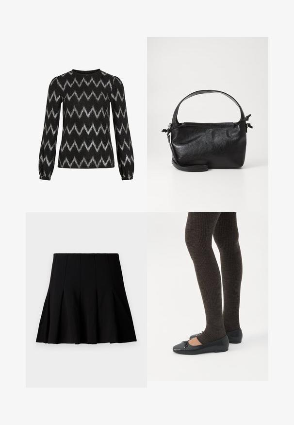 Pull noir à manches longues avec des rayures en zigzag argentées et des épaules légèrement bouffantes, doté de poignets élastiques.; Jupe noire courte plissée en tissu lisse. Dispose d'une taille élastique et d'une silhouette évasée qui s'étend jusqu'au milieu de la cuisse.; Jambes portant des leggings côtelés foncés associés à des ballerines noires avec de petits détails en nœud sur fond blanc.; Sac à main en cuir noir au design structuré, avec une poignée arrondie et une bandoulière amovible. Présente une texture lisse et un éclat subtil.