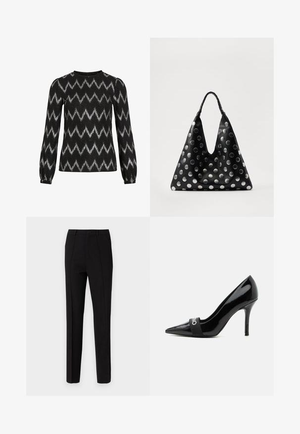 Suéter negro de manga larga con rayas plateadas en zigzag y ligeramente acolchadas en los hombros, con puños elásticos.; Pantalones negros con un corte slim, que cuentan con un cierre de botón, dos bolsillos laterales y una textura de tela suave. Se aprecian detalles de rayas.; Zapato salón de tacón alto de charol negro con punta afilada, tacón delgado y banda elástica en la parte delantera con texto blanco.; Bolso de cuero negro con forma triangular, adornado con puntos metálicos plateados y un asa texturizada. Acabado suave en general.