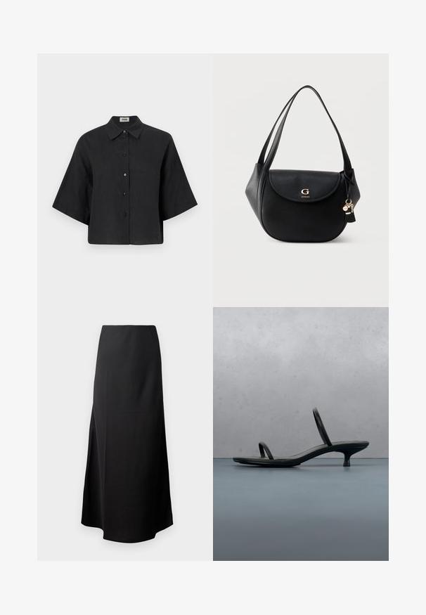 Chemise cropped en lin noir avec un col pointu, des manches courtes et une fermeture par boutons sur le devant. Elle possède une coupe décontractée et une texture lisse.; Jupe midi noire avec une texture lisse, conçue avec une taille haute et une fente sur le côté, présentant une silhouette simple et sans ornements.; Sandale à talon Calvin Klein noire avec des lanières fines, posée sur des carreaux en bois en plein air près d'un mur et de la verdure.; Sac à épaule en cuir noir avec rabat incurvé, logo doré "G GUESS", doubles sangles et breloques porte-clés suspendues sur fond uni.