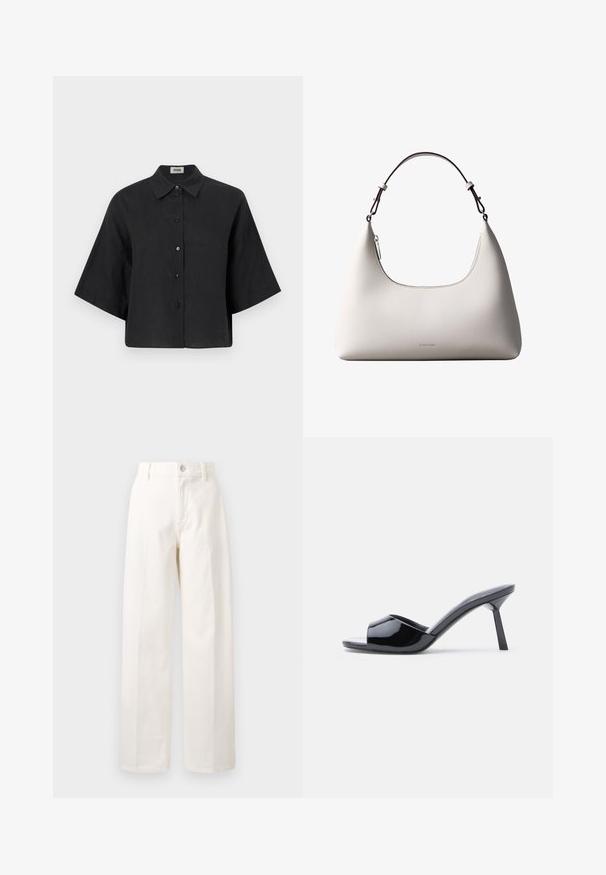 Chemise cropped en lin noir avec un col pointu, des manches courtes et une fermeture par boutons sur le devant. Elle possède une coupe décontractée et une texture lisse.; Pantalons larges blancs en coton, dotés d'une fermeture à bouton à l'avant, de passants de ceinture et d'une coupe droite sans motifs visibles.; Sandales à talons ouverts en cuir verni noir, avec un design supérieur incurvé et un talon aiguille effilé. Finition lisse et brillante.; Sac à bandoulière en cuir couleur crème de Calvin Klein avec bord supérieur incurvé, fermeture éclair argentée et sangle ajustable brun foncé.