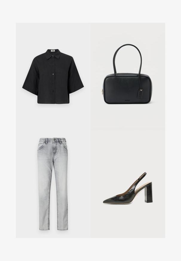 Chemise cropped en lin noir avec un col pointu, des manches courtes et une fermeture par boutons sur le devant. Elle possède une coupe décontractée et une texture lisse.; Jeans en denim gris au design classique, avec une fermeture à bouton, cinq poches et un léger délavage pour ajouter de la texture. Design à jambe droite.; Chaussure slingback en cuir noir à bout pointu avec un talon bloc haut et une doublure intérieure beige sur un fond clair uni.; Sac à main rectangulaire noir avec doubles poignées arrondies, fermeture éclair dorée et logo "HUGO" embossé sur le devant avec une étiquette en cuir attachée.