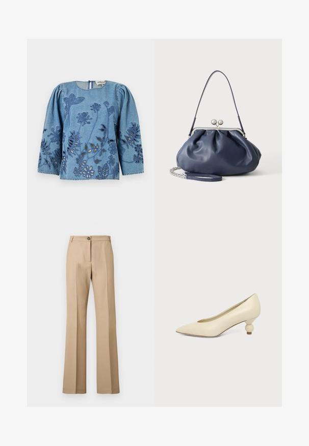 Denim shirt with long puff sleeves, featuring floral cut-out designs and embroidered accents in darker blue. Closed back with a round neckline.; Beige straight-leg trousers with front crease, button closure, and belt loops, displayed against a plain background.; Cream-colored women's pointed-toe low heel shoe with a round, ball-shaped heel on a plain background.; Soft navy blue leather handbag with silver clasp closure, single shoulder strap, and detachable chain wrist strap on white background.