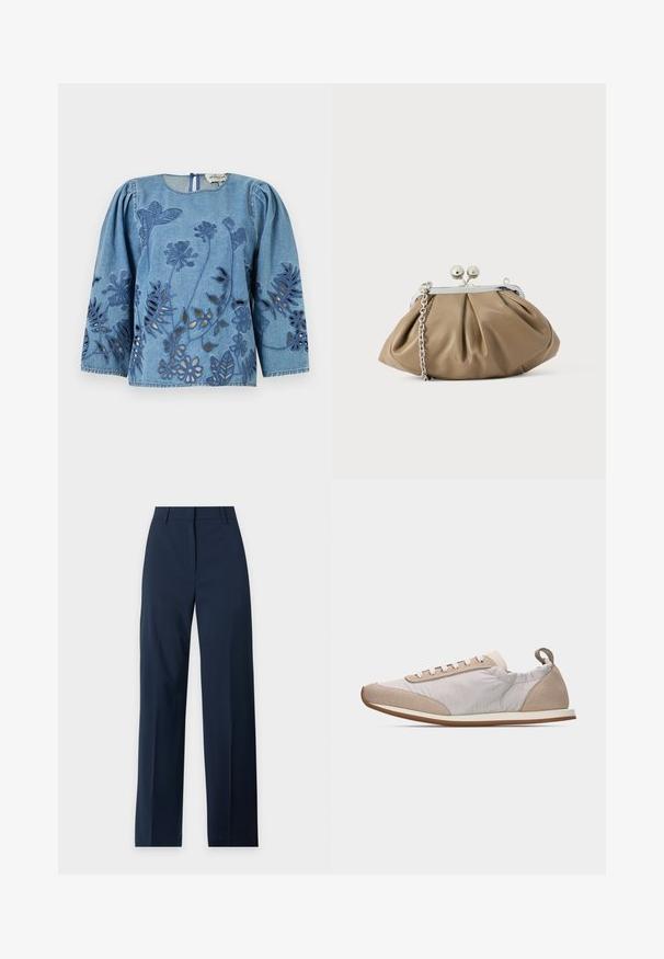 Chemise en denim à manches longues bouffantes, ornée de motifs floraux découpés et d'accents brodés en bleu foncé. Dos fermé avec un col rond.; Pantalon bleu marine à jambes droites avec passants de ceinture, fermeture éclair à l'avant et taille propre sur un fond clair.; Baskets beige clair avec lacets blancs, accents en daim au bout et au talon, côtés en tissu doux, et semelle fine en caoutchouc couleur tabac, vue de côté.; Pochette en cuir beige clair à la forme arrondie, texture plissée, fermeture à verrou argentée et bandoulière chaîne amovible.