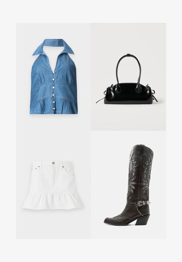 Denim crop top s halterom a golierom, s gombíkovou prednou časťou, so z gathered pásom a rozšíreným lemom. Svetlo modrá farba a jemná textúra.; Biela džínsová sukňa so volánovým lemom, s piatimi vreckami, predným zapínaním na gombík a kovovými doplnkami.; Čierna kožená kovbojská čižma s dekoratívnymi výrezmi, striebornou prackou a šikmým podpätkom, zobrazovaná na bielom pozadí.; Malá čierna lesklá kabelka s dvoma dlhými rúčkami a bočnými šnúrkovými detailmi na jednoduchom svetlom pozadí.