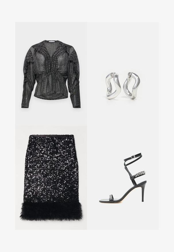 Blouse noire en dentelle avec fil métallique. Dotée d'un décolleté en V profond, de détails froncés le long des épaules et de longues manches à coupe décontractée.; Jupe crayon noir en sequins avec un ourlet texturé et duveteux. Présente une forme ajustée et une surface brillante, créant un contraste saisissant de matériaux.; Sandale noire à talon haut avec fine bride à la cheville, bride médiane décorée de maillons de chaîne argentés, et design à bout ouvert.; Boucles d'oreilles créoles argentées avec un design torsadé. Bords arrondis et finition brillante. Fermoirs ouverts pour un port facile. Texture lisse sur toute la surface.