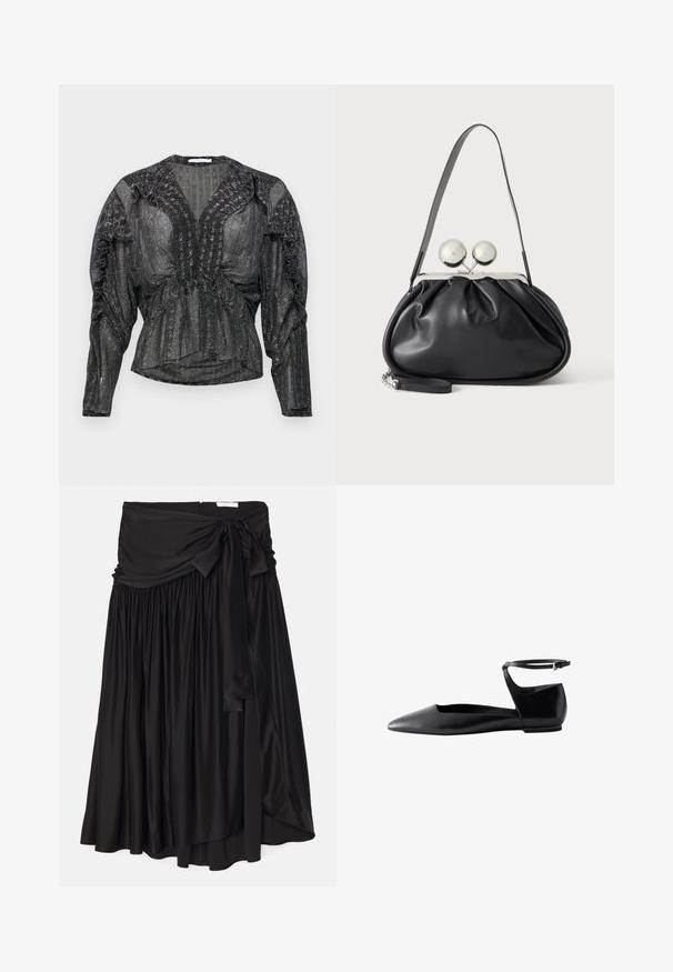 Blusa negra y transparente con hilo metálico. Presenta un escote en V profundo, detalles fruncidos a lo largo de los hombros y mangas largas con un ajuste relajado.; Falda negra hecha de una tela suave y fluida; cuenta con una cintura drapeada ancha con un lazo y un detalle de pliegues para una forma vaporosa.; Zapato plano negro de punta puntiaguda con talón cerrado y tira delgada en el tobillo con hebilla sobre fondo blanco.; Bolso de mano de cuero negro con diseño fruncido, una sola correa, marco metálico plateado y dos cierres grandes redondos de plata.