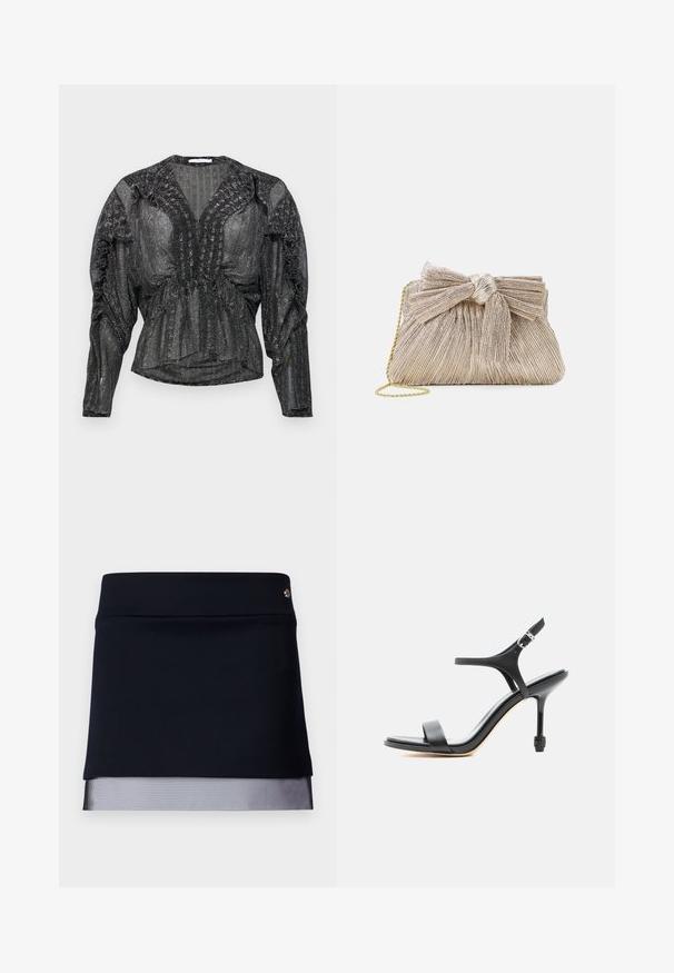 Blusa negra y transparente con hilo metálico. Presenta un escote en V profundo, detalles fruncidos a lo largo de los hombros y mangas largas con un ajuste relajado.; Falda negra con una cinturilla ajustada y un detalle de dobladillo de malla transparente. La tela es suave con un diseño estructurado, que presenta un pequeño acento metálico.; Sandalia negra de cuero con tacón alto, tiras delgadas, puntera abierta y hebilla ajustable en el tobillo, presentada sobre un fondo blanco liso.; Bolso de mano metálico dorado con tela plisada, que presenta un detalle de lazo en la parte superior y una cadena dorada para mayor versatilidad y facilidad de transporte.