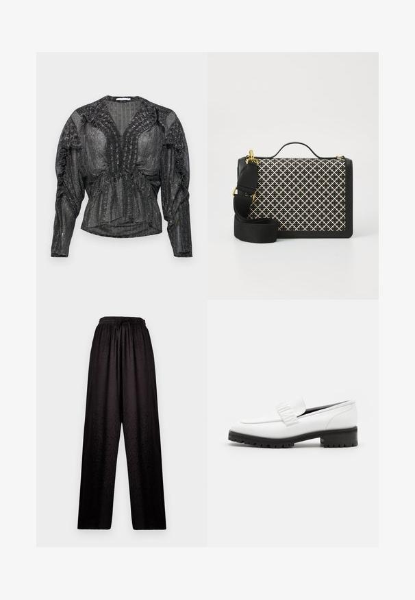 Blusa negra y transparente con hilo metálico. Presenta un escote en V profundo, detalles fruncidos a lo largo de los hombros y mangas largas con un ajuste relajado.; Pantalones de pierna ancha negros con cinturilla elástica y una sutil textura de estampado de leopardo, con un cordón de ajuste en la parte frontal.; Elleme CHOUCHOU SQUARE LOAFER - Zapatos sin cordones - white; Bolso negro con un patrón trenzado en crema. Cuenta con un asa superior, correa ajustable, herrajes dorados y forma rectangular estructurada.