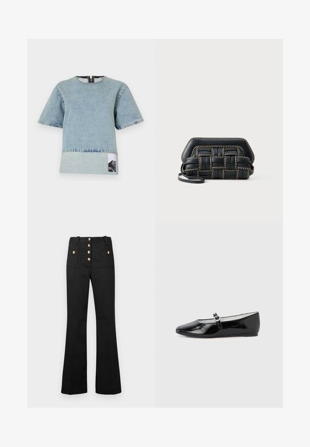 Lyseblå denim t-shirt med korte ærmer, rund halsudskæring, kontrasterende bundpanel og et bjerggrafiklabel på venstre side.; Sorte viddebukser med struktureret stof, lukning med fem guldknapper og to forlommer. Skræddersyet pasform med synlige sømdetaljer.; Sorte balletsko i laklæder med spids tå, med en lille rem og rund spænde detalje på siden. Flad sål design.; Sorte vævet læder clutch taske med en struktureret form, der har guldtråd langs kanterne og en aftagelig skulderrem.