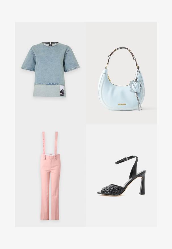 Camiseta de denim azul claro con mangas cortas, escote redondeado, panel inferior de contraste y una etiqueta gráfica de montaña en el lado izquierdo.; Pantalones rosas de pierna ancha con tirantes ajustables; las correas de los tirantes cuentan con texto bordado; fabricados con tela suave.; Sandalia negra de tacón alto con tira delantera tejida, correa en el tobillo con hebilla plateada y tacón bloque acampanado sobre fondo neutro.; Bolso de cuero azul claro con forma curva, costuras blancas, correa de hombro marrón, herrajes dorados y un adorno decorativo en forma de "M".