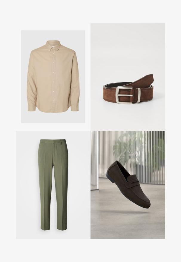 Selected Flannel - Skjorter - pure cashmeredetail:mixed w. oatmeal; Olivengrønne bukser med et lige snit, der har en glat tekstur, enkeltliggende læg og ingen synlige detaljer eller hardware.; Brune loafers i ruskind med et slankt design, der har en rem over overlæderet, rundet tå og en flad gummisål.; Brun ruskindsbælte med en sølvmetalspænde og linær syning. Bæltet er fladt og har en klassisk bredde og form.