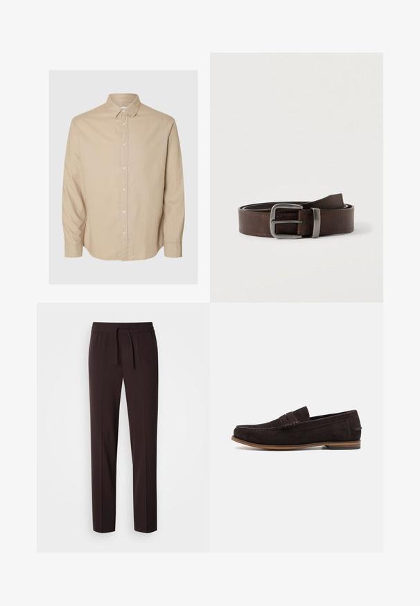 Selected Flannel - Camisa - pure cashmeredetail:mixed w. oatmeal; Pantalones marrones, ligeros y entallados, con cintura elástica y cordón ajustable. Textura suave y diseño minimalista, adecuados para uso casual.; Mocasines de ante marrón oscuro con punta redondeada, parte superior texturizada y suela de goma marrón claro. Presentan una correa decorativa en el empeine.; Cinturón de cuero marrón oscuro con hebilla rectangular plateada, enrollado y apoyado sobre un fondo neutro claro.