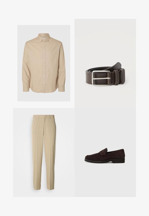 Selected Flannel - Overhemd - pure cashmeredetail:mixed w. oatmeal; Beige pantalon met rechte pijpen, gemaakt van een gladde stof, voorzien van een platte voorkant zonder zichtbare zakken of versieringen.; Bruine suède loafers met een lage profiel en ronde neus. Heeft een decoratieve band over de bovenkant, een platte rubberen zool en geen zichtbare stiksels.; Bruine leren riem met een zilveren metalen gesp, met een gladde textuur en een eenvoudig ontwerp. Voorzien van een lus voor aanpassing en bevestiging.