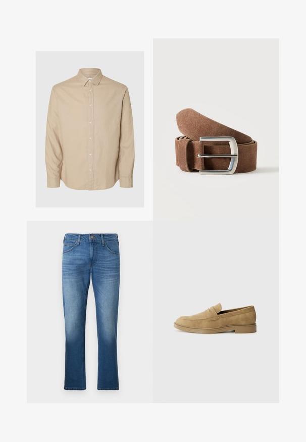Selected Flannel - Skjorter - pure cashmeredetail:mixed w. oatmeal; Blå jeans med lige ben, let falmede på lår og knæ, forrest med knap- og lynlåslukning samt fem-lomme design.; Tan ruskindsloafers med rund tå, lav blokhæl og syet detaljering på overdelen. Glat overflade og minimalistisk design.; Brunt ruskindsbælte rullet med en sølvfarvet rektangulær metalspænde på en ensartet lys baggrund.