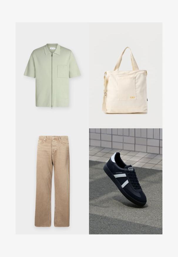 Chemise vert clair à manches courtes avec une fermeture éclair à l'avant, un col et une poche poitrine sur fond blanc uni.; Jean en denim beige avec une coupe droite, featuring cinq poches, une fermeture par bouton et des coutures contrastées. Texture lisse et peu d'usure.; Sneaker en cuir noir avec des rayures blanches, semelle en caoutchouc texturée et devant à lacets. Présente une étiquette de marque sur la languette.; Sac fourre-tout en toile crème avec poche avant, deux poignées, bandoulière réglable et petit texte jaune "O.N.S" en bas à droite de la poche.