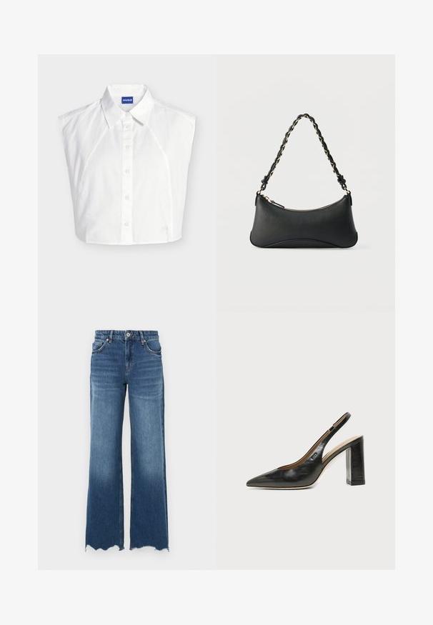 Chemise blanche sans manches à col boutonné devant, avec étiquette de la marque Hugo à l’intérieur du col et logo brodé subtil près de l’ourlet.; Jean flare en denim bleu moyen, avec un ourlet effiloché, cinq poches et une fermeture avant à boutons.; Chaussure slingback en cuir noir à bout pointu avec un talon bloc haut et une doublure intérieure beige sur un fond clair uni.; Sac à bandoulière en cuir noir de forme rectangulaire incurvée, avec une chaîne dorée tissée dans la bandoulière noire tressée et une fermeture éclair sur le dessus.