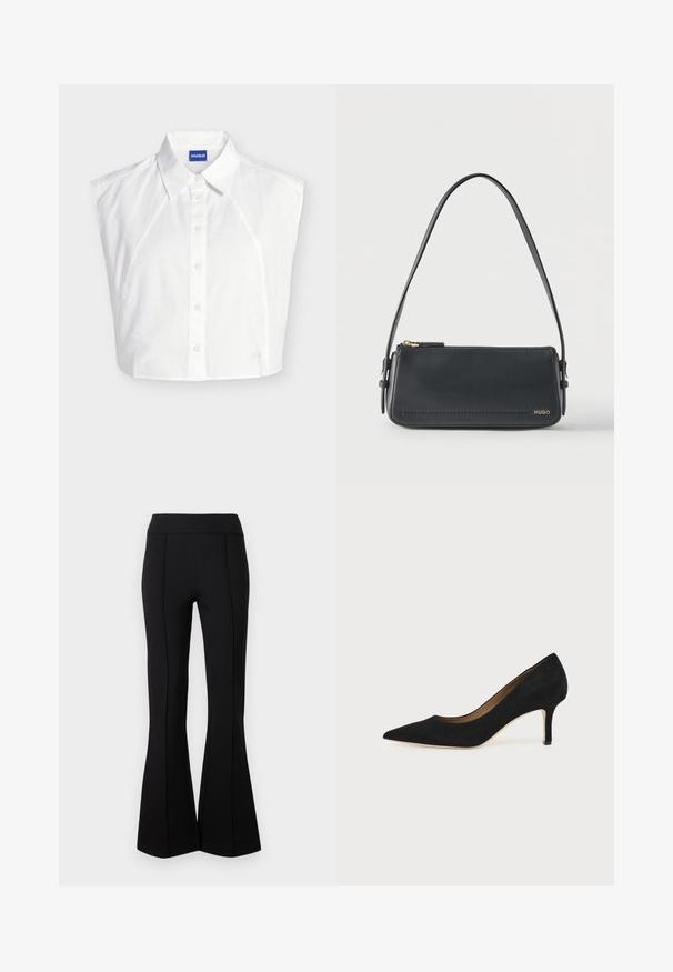 Chemise blanche sans manches à col boutonné devant, avec étiquette de la marque Hugo à l’intérieur du col et logo brodé subtil près de l’ourlet.; Pantalon noir à taille haute évasé avec des coutures verticales à l'avant et des jambes larges, présenté sur un fond clair uni.; Escarpin en daim noir à bout pointu avec un talon stiletto fin de hauteur moyenne et un design à coupe basse sur un fond uni.; Sac à bandoulière rectangulaire en cuir noir avec fermeture éclair dorée et petit logo "HUGO" doré sur le devant, doté d'une sangle réglable avec boucle.