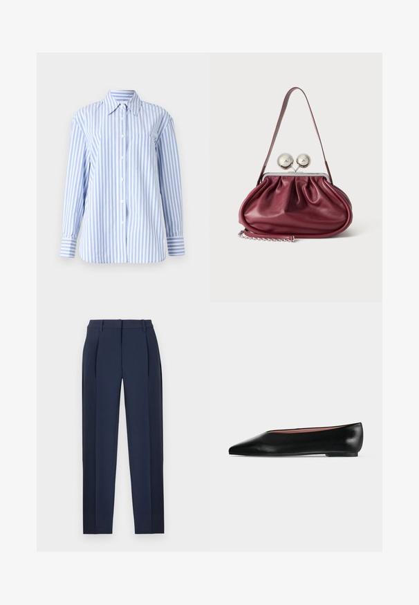 Camisa de manga larga a rayas azul claro y blanca con cuello, cierre de botones en el frente y un bolsillo en el pecho. Fabricada con tejido suave.; Pantalones entallados azul marino con pliegues delanteros, trabillas para cinturón y piernas rectas, mostrados sobre un fondo blanco.; Zapato plano negro de cuero para mujer con punta puntiaguda y tacón bajo, mostrado de lado sobre un fondo liso gris claro.; Pequeño bolso de mano de cuero burdeos con detalles fruncidos, una correa fina y un cierre de plata con dos grandes pomos redondos.
