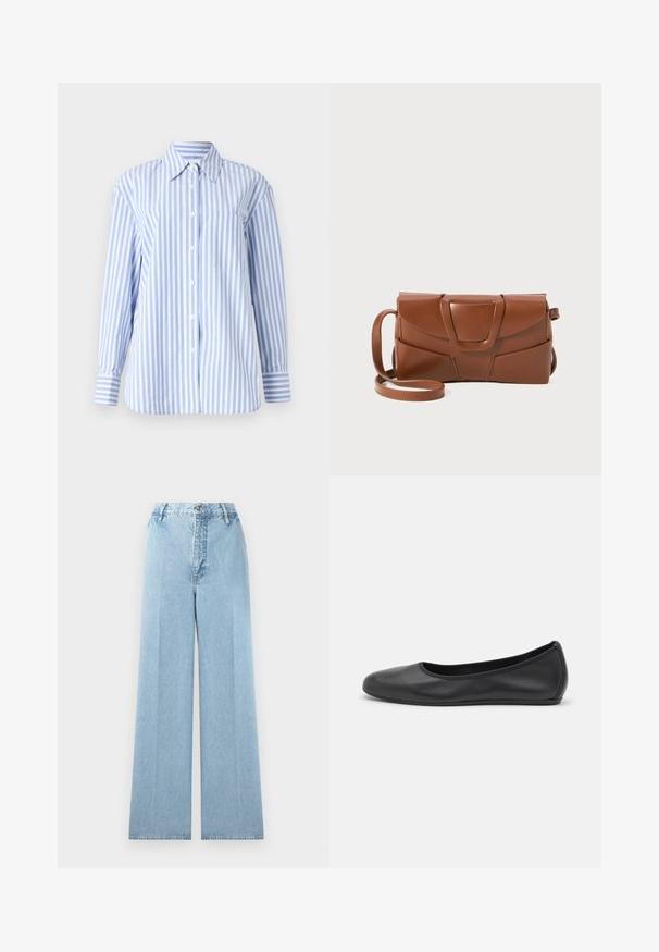 Camisa de manga larga a rayas azul claro y blanca con cuello, cierre de botones en el frente y un bolsillo en el pecho. Fabricada con tejido suave.; Jeans de mezclilla de corte ancho en azul claro con una cintura alta, con cinco pasadores para cinturón, cierre frontal con botón y costuras cosidas.; Bailarina de piel negra con punta redondeada, textura suave, detalle de costura minimalista y diseño de suela flexible.; Bolso de mano de cuero marrón con un diseño elegante, que presenta una solapa estructurada, un cierre prominente y una correa ajustable para mayor versatilidad.