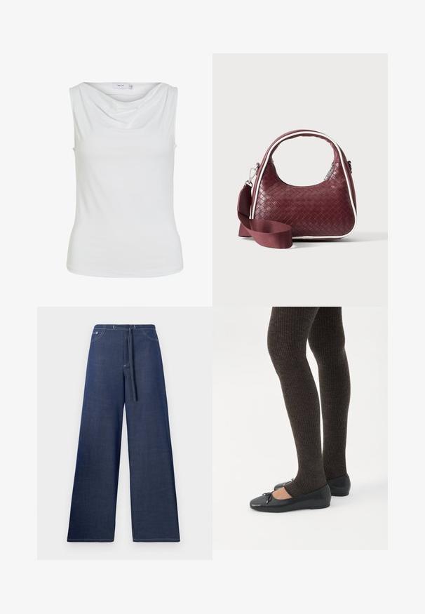 Haut sans manches blanc pour femmes avec un col drapé et une silhouette ajustée, étiqueté "VILA" à l'intérieur du col.; Pantalon en denim à jambes larges, couleur bleu foncé, avec une taille à cordon, des poches avant et des coutures blanches contrastantes.; Jambes portant des leggings côtelés foncés associés à des ballerines noires avec de petits détails en nœud sur fond blanc.; Sac à main en cuir tressé marron foncé avec poignée courbée, garniture blanche, fermeture éclair argentée et bandoulière large en tissu amovible sur fond uni.