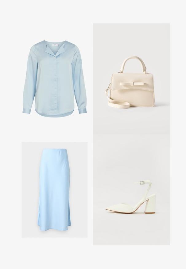Hellblaue Bluse mit langen Ärmeln, verdeckter Knopfleiste vorne, spitzem Kragen und abgerundetem Saum, aus glattem Stoff gefertigt.; Hellblauer, knöchellanger Satinsrock mit hoher Taille und dezenten seitlichen Schlitzen auf einfarbigem Hintergrund.; Weißer sandal mit Absatz und spitzem Zehenbereich, verstellbarem Knöchelriemen und chunky quadratischem Absatz. Glatte Textur mit minimalen Nähdetails.; Kleine beige Handtasche mit Tragegriff oben, abnehmbarem Riemen, vorderer Klappe und dekorativer horizontaler Schleife vor einfarbigem Hintergrund.