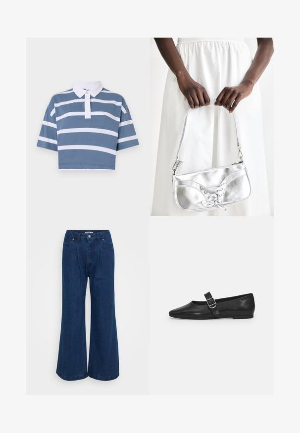 Abgeschnittenes Polo-Shirt in Blau mit weißen horizontalen Streifen, kurzen Ärmeln und einem klassischen weißen Kragen mit durchgeknöpftem Blendenverschluss.; Weite Jeanshose in Dunkelblau mit hoher Taille, Knopfverschluss, Fronttaschen und glatter Textur.; Schwarzer Lederflatschuh mit runder Zehenform, einem verstellbaren Schnallenriemen und einer glatten, glänzenden Oberfläche. Minimalistisches Design mit einem niedrigen Absatz.; Silberne metallische Handtasche mit Schnürdetail, die ein elegantes Design und einen kurzen Tragegurt aufweist. Die Tasche wird in den Händen gehalten und zeigt ihre Textur.